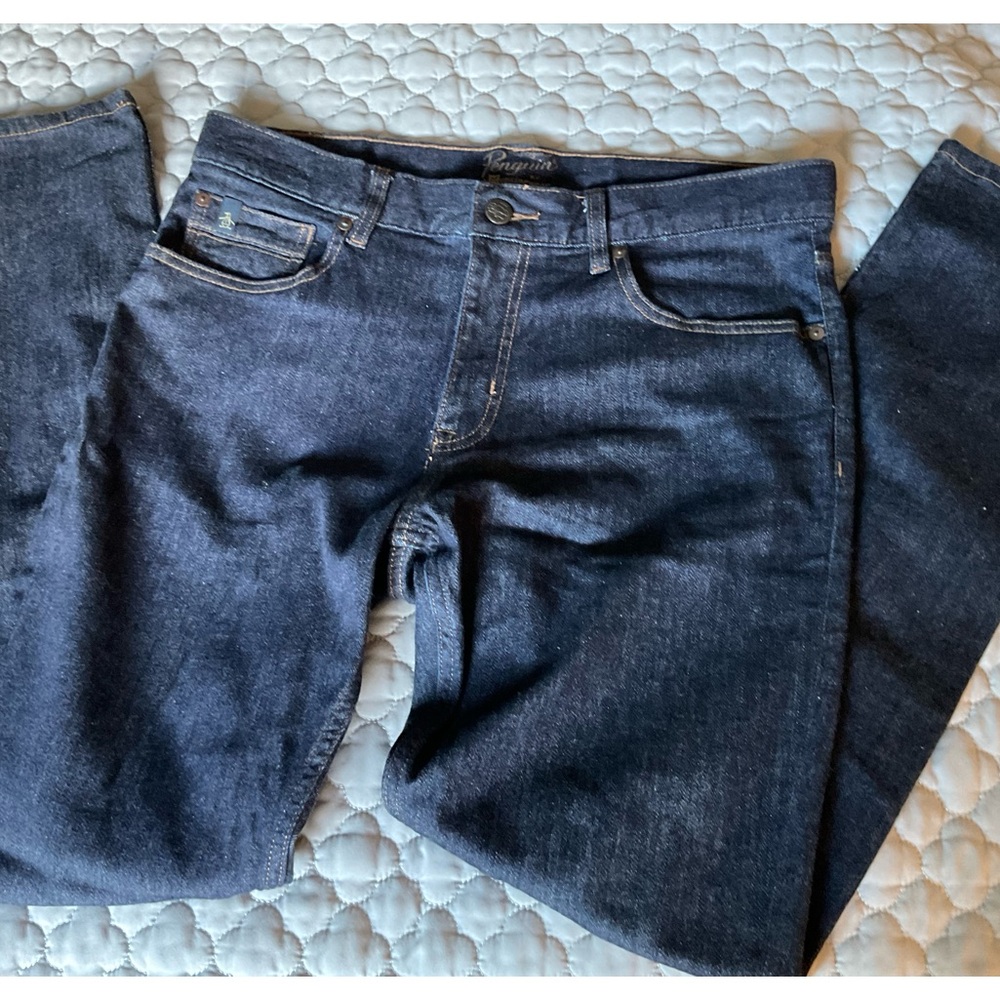 Penguin 33x32 Dark Blue Jean, EUC, Orange stitching.